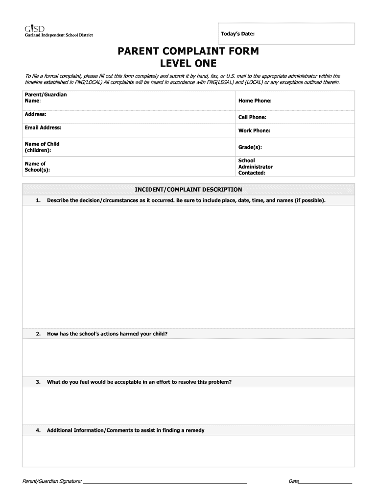 parent complaint form Preview on Page 1