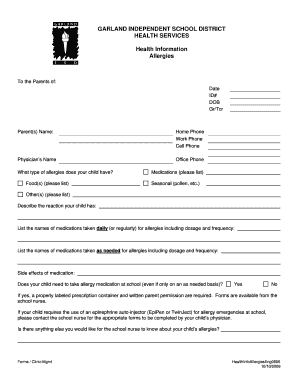 Allergy Information Form - Garland Independent School District