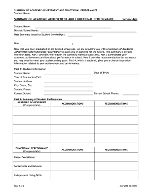 Summary of Academic Achievement and Functional Performance