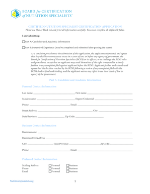 Certified Nutrition Specialist Certification Application