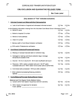 Cord Blood Unit Exclusion and Quarantine Release Form