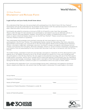 30 Hour Famine Disclaimer and Release Form