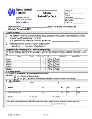 Blue Cross Blue Shield of Kansas City Dental Application Form