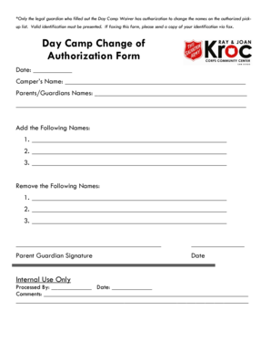 Day Camp Change of Authorization Form