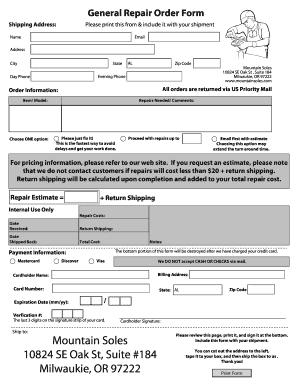 Mountain Soles Repair Order Form