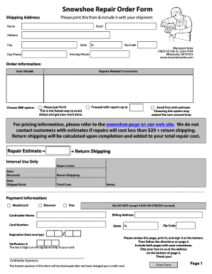 Snowshoe Repair Order Form