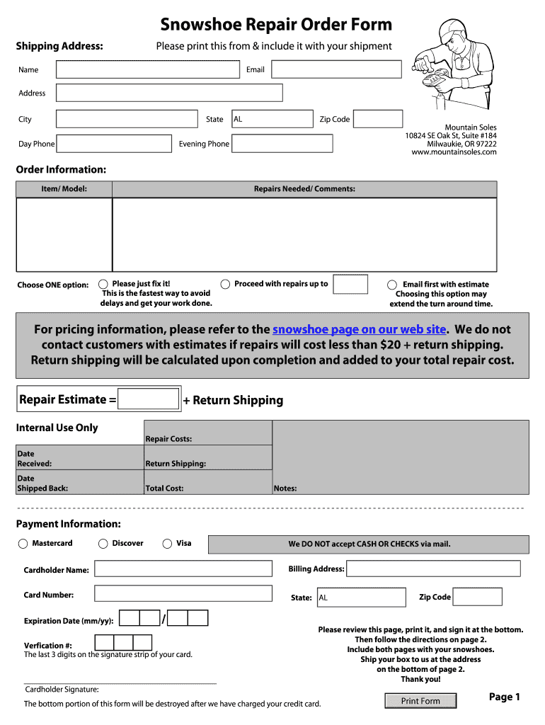 Fillable Online Snowshoe Repair Order Form Mountain Soles Fax Email