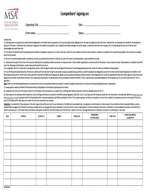 Motor Sports Association Competitor Signing-On Form
