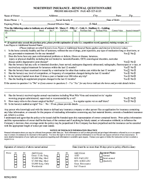 Northwest Insurance Horse Renewal Questionnaire