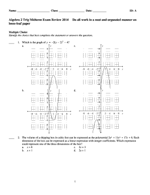 Algebra 2 Trigonometry Midterm Exam Review