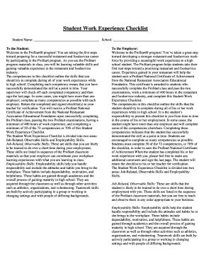 ProStart Student Work Experience Checklist