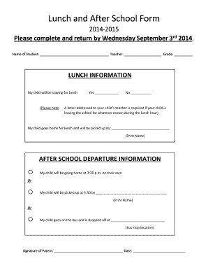 Lunch and After School Form