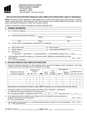 Application for Specified Products and Completed Operations Liability Insurance