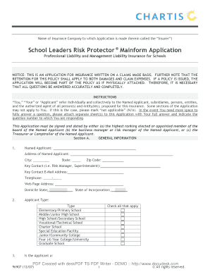 School Leaders Risk Protector Insurance Application