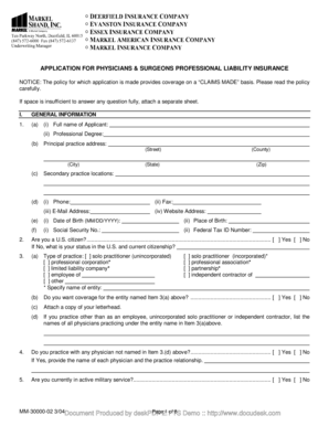 Physicians and Surgeons Professional Liability Insurance Application
