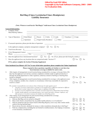 Bed Bug Liability Insurance Application