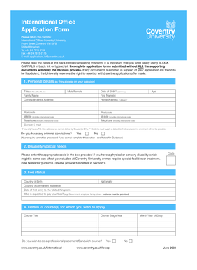 Coventry University International Office Application Form