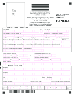 Panera Securities Litigation Proof of Claim and Release