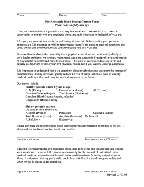 Pre-Anesthetic Blood Testing Consent Form