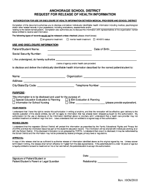 Anchorage School District Health Information Release Authorization