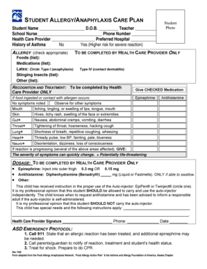 Student Allergy Anaphylaxis Care Plan