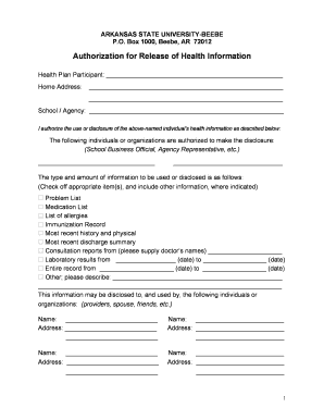 Arkansas State University Health Information Release Form
