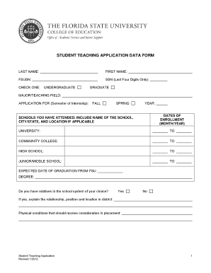 Student Teaching Application Form