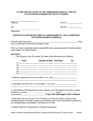 Petition to Establish Parental Responsibility and Parenting Plan