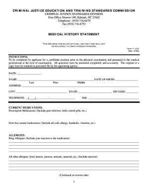 Medical History Statement for Criminal Justice Applicants