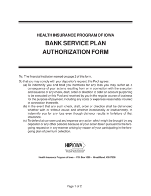 Health Insurance Program of Iowa Bank Service Plan Authorization Form