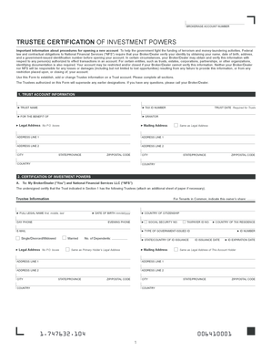 Trustee Certification of Investment Powers