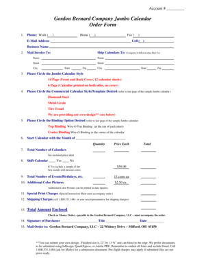 Gordon Bernard Company Jumbo Calendar Order Form