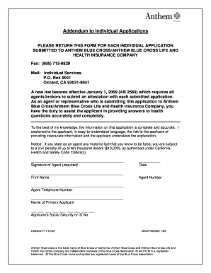 Anthem Blue Cross Individual Application Addendum