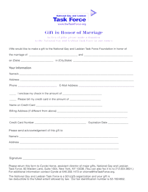 Gift in Honor of Marriage Donation Form