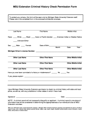 MSU Extension Criminal History Check Permission Form