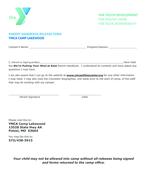 YMCA Camp Lakewood Parent Handbook Release Form
