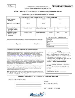 Kentucky Marriage/Divorce Certificate Application