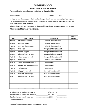 CHEVERUS SCHOOL APRIL LUNCH ORDER FORM