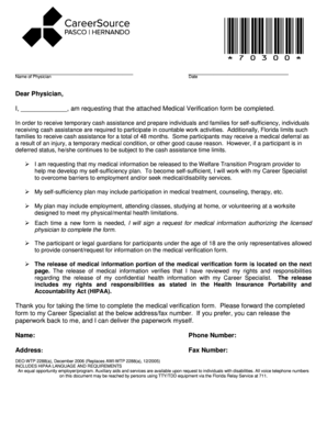 Florida Medical Verification Form for Cash Assistance