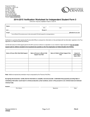 2014-2015 Verification Worksheet for Independent Student