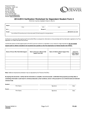 2014-2015 Verification Worksheet for Dependent Student