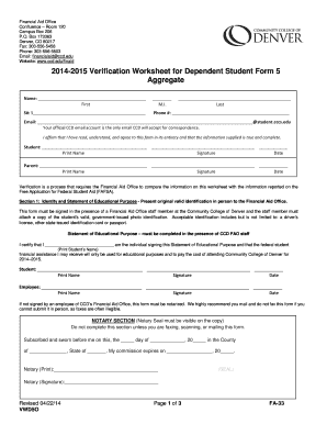 2014-2015 Verification Worksheet for Dependent Student