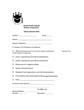 Bristol Public Schools Absence Note