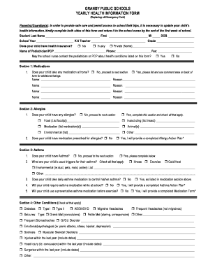 Granby Public Schools Yearly Health Information Form