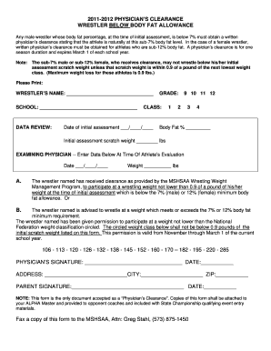 Physician's Clearance for Wrestlers