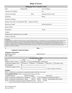 Bank of Tucson Outgoing Wire Transfer Form