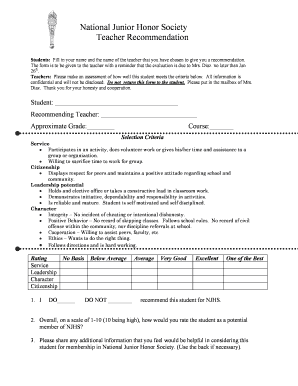 National Junior Honor Society Teacher Recommendation Form