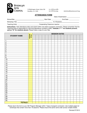 Attendance Form for School Workshops