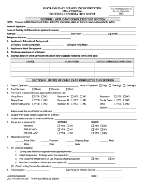 Maryland Child Care Service Registration Form