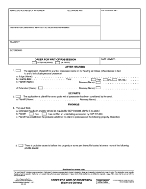 California Order for Writ of Possession